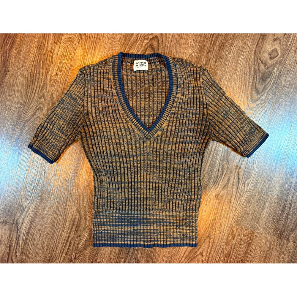 Scotch & Soda Women's XS Rib-Knit V-Neck Short Sleeve Sweater Blue/Brown